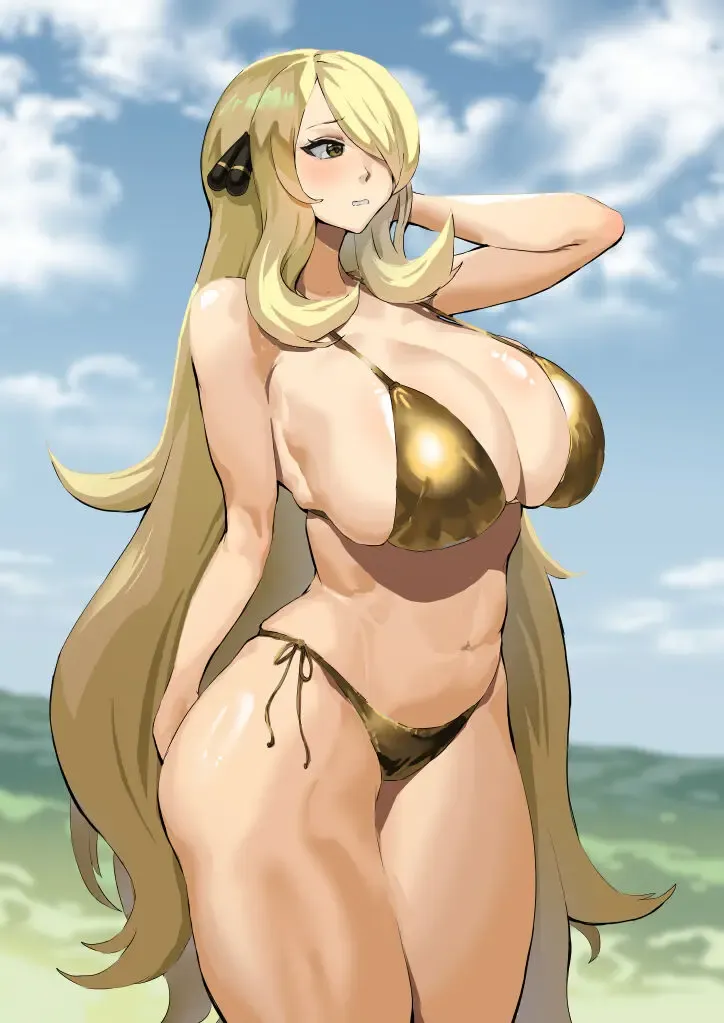 Cynthia is embarrassed to wear a gold bikini Fhentai - Page 1