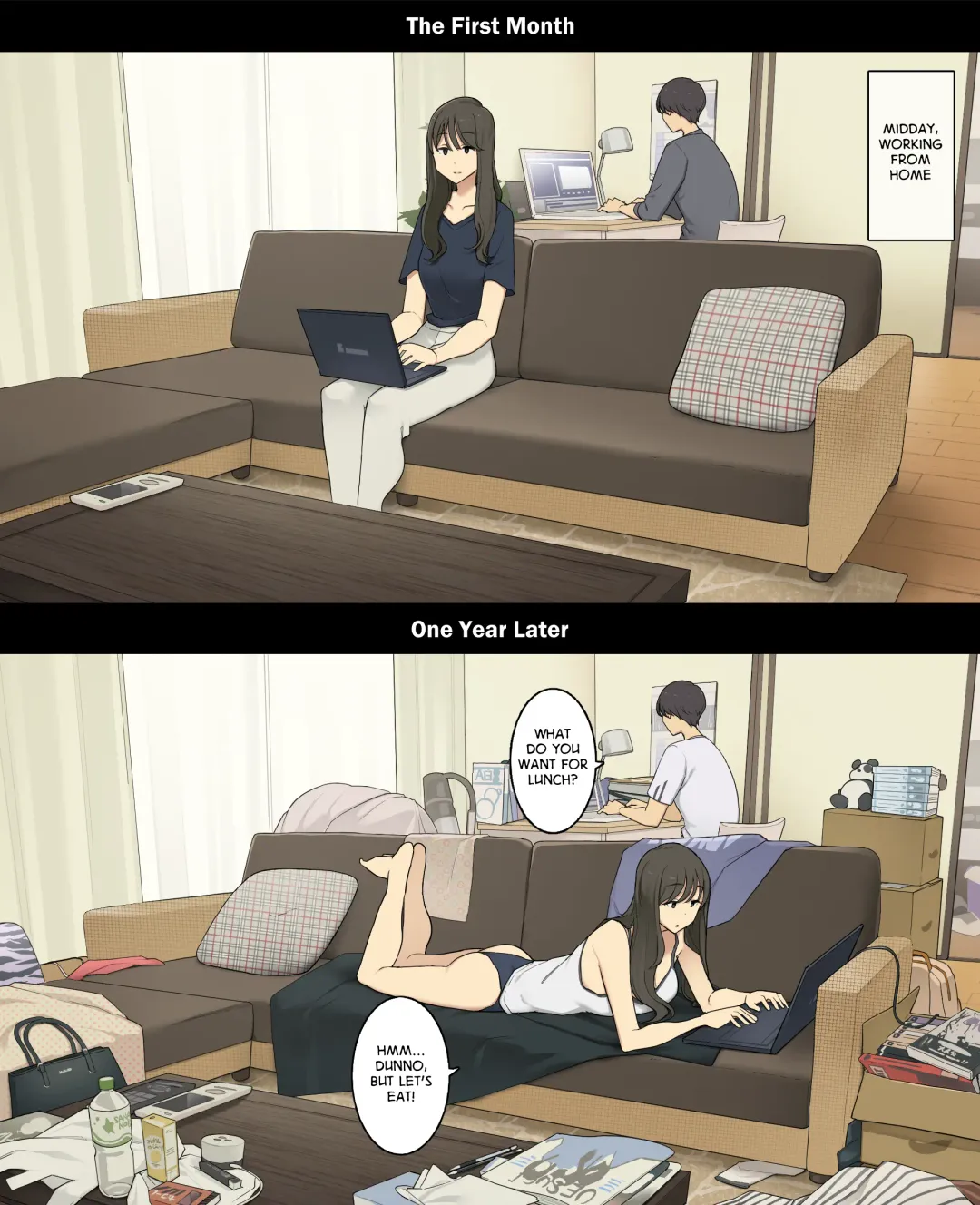 [Wakamatsu] Dousei Seikatsu Ikkagetsume to Ichinen Ato, Asaokite kara Shuushin made no Hikaku | A Day in the Life of a Couple: Their First Month Living Together vs. One Year Later Fhentai - Page 6