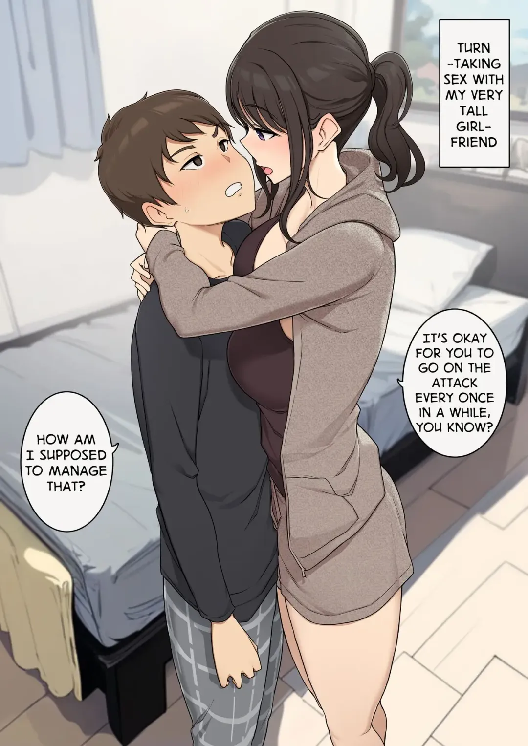 [Wakamatsu] Koushinchou de MeguTai na Kanojo to Turn-sei no Sex Suru Ohanashi | Turn-Taking Sex With My Very Tall Girlfriend Fhentai - Page 1